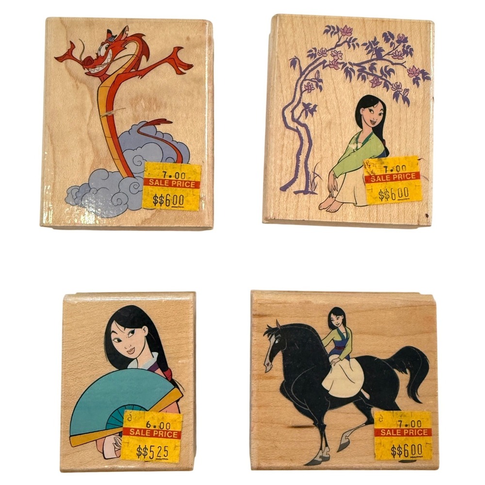 Disney Mulan Rubber Stamp Set Mushu Khan Fan Wood Block Multi Wood